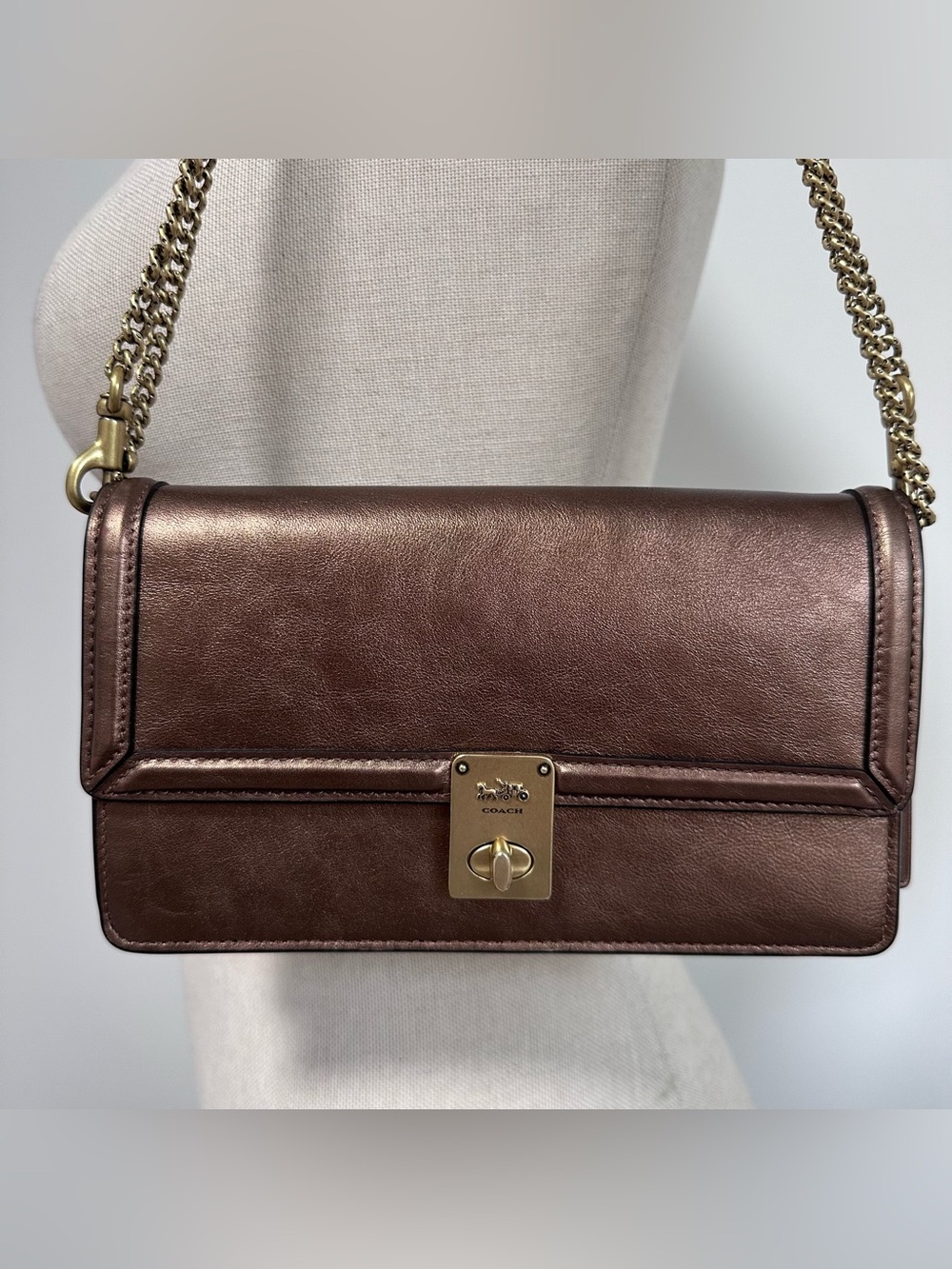 Coach Metallic Chocolate Brown Leather Shoulder Bag with Gold Hardware